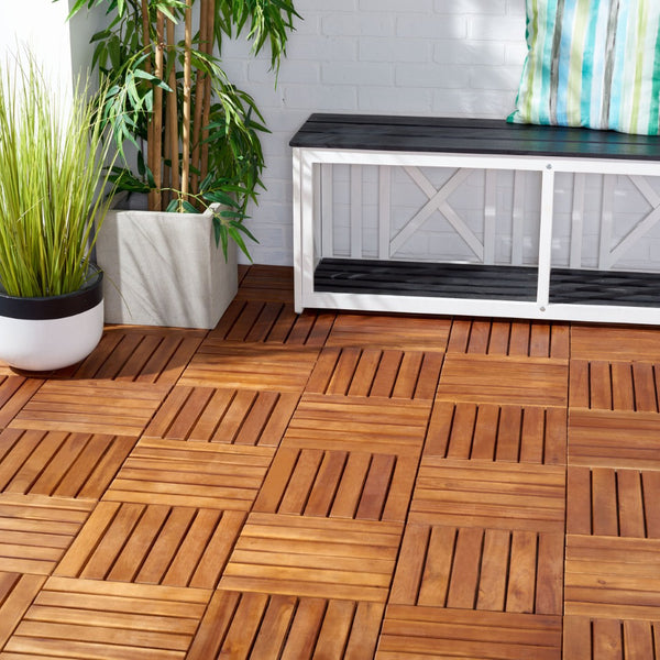Safavieh OSAKA 6-Slat Wooden Floor Tiles - Stylish Natural Wood for Patios & Decks - 10 Interlocking Tiles PAT7906A