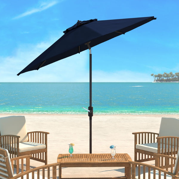 Safavieh ORTEGA 9 FT Crank Umbrella - Effortless Outdoor Shade with Stylish Riviera-Inspired Design Navy PAT8001C