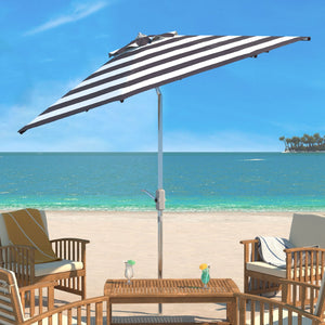 Safavieh IRIS 9FT Round Patio Umbrella - Bold Black & White Stripes with Chrome Pole for Stylish Shade PAT8004E