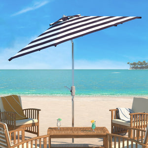 Safavieh IRIS 9FT Round Patio Umbrella in Navy & White Stripes with Chrome Pole - Chic Coastal Shade Solution PAT8004F