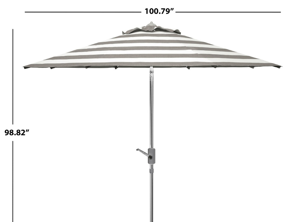 Safavieh IRIS 9FT Round Umbrella - Stylish Grey & White Stripes with Chrome Pole for Elegant Outdoor Shade PAT8004G