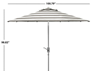 Safavieh IRIS 9FT Round Umbrella - Stylish Grey & White Stripes with Chrome Pole for Elegant Outdoor Shade PAT8004G
