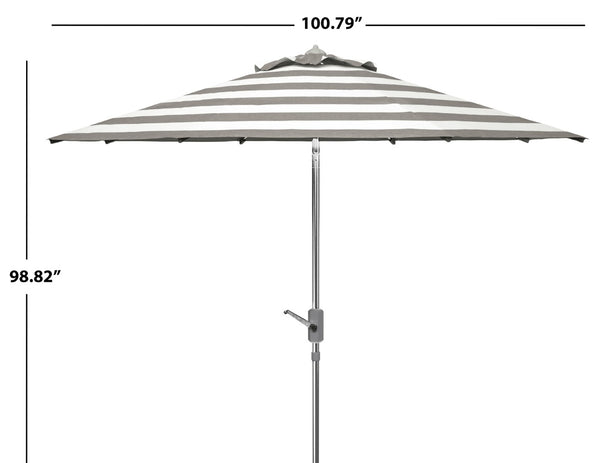 Safavieh IRIS 9FT Round Umbrella - Stylish Grey & White Stripes with Chrome Pole for Elegant Outdoor Shade PAT8004G