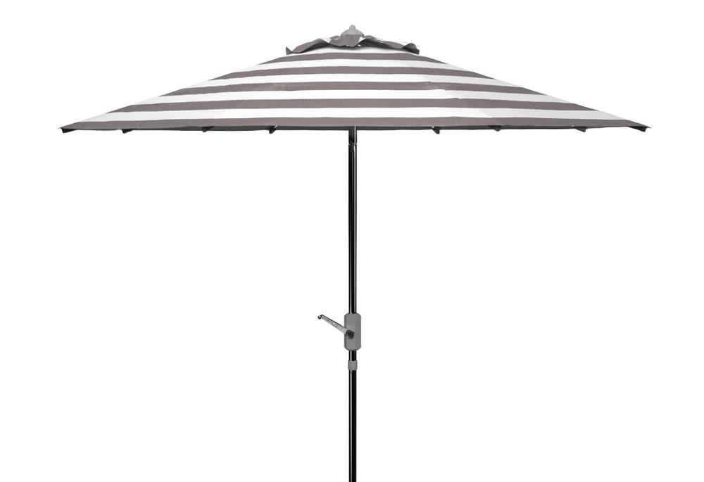 Safavieh IRIS 9FT Round Umbrella - Stylish Grey & White Stripes with Chrome Pole for Elegant Outdoor Shade PAT8004G