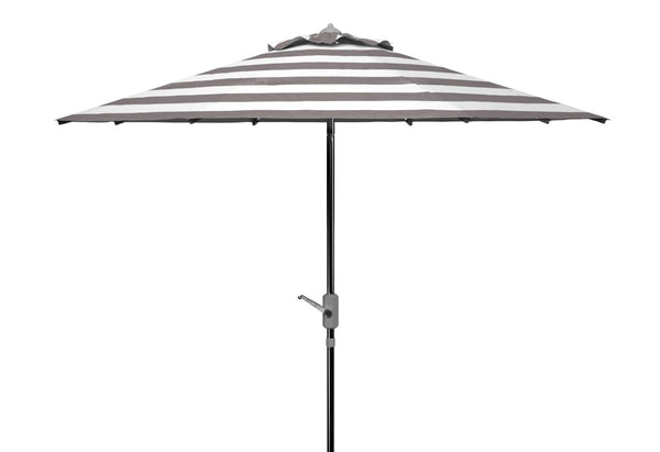 Safavieh IRIS 9FT Round Umbrella - Stylish Grey & White Stripes with Chrome Pole for Elegant Outdoor Shade PAT8004G