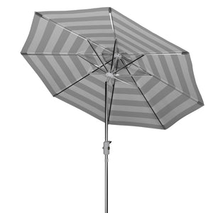 Safavieh IRIS 9FT Round Umbrella - Stylish Grey & White Stripes with Chrome Pole for Elegant Outdoor Shade PAT8004G