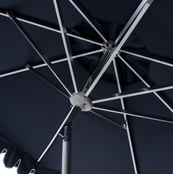 Safavieh ELEGANT 9FT Round Patio Umbrella in Navy with White Trim & Chrome Pole - Chic Outdoor Shade Solution PAT8006G