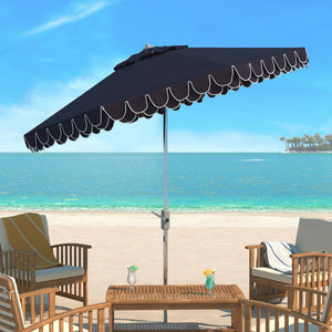 Safavieh ELEGANT 9FT Round Patio Umbrella in Navy with White Trim & Chrome Pole - Chic Outdoor Shade Solution PAT8006G