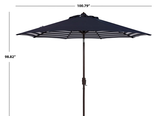 Safavieh ATHENS 9FT Crank Umbrella - Elegant Mediterranean Shade for Patios, Decks, and Outdoor Spaces Navy / White PAT8007A