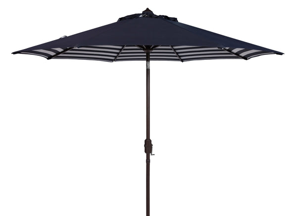 Safavieh ATHENS 9FT Crank Umbrella - Elegant Mediterranean Shade for Patios, Decks, and Outdoor Spaces Navy / White PAT8007A