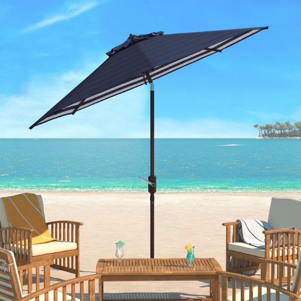 Safavieh ATHENS 9FT Crank Umbrella - Elegant Mediterranean Shade for Patios, Decks, and Outdoor Spaces Navy / White PAT8007A
