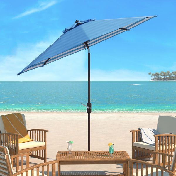Safavieh ATHENS 9FT Crank Umbrella - Elegant Mediterranean Shade for Patios, Decks, and Outdoor Spaces Baby Blue / White PAT8007C