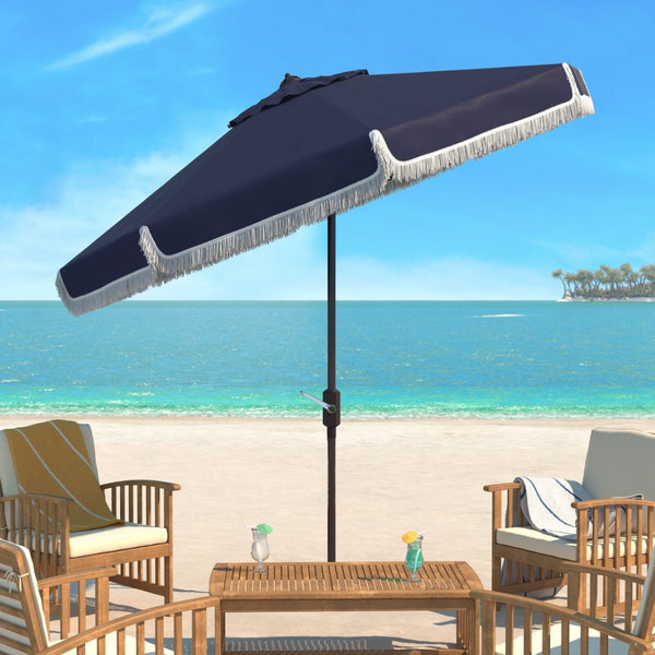 Safavieh MILAN 9FT Crank Umbrella – Stylish Outdoor Shade Solution for Elegant Patios and Lounging Spaces Navy / White PAT8008A