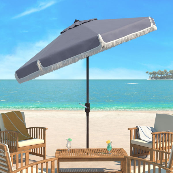 Safavieh MILAN 9FT Crank Umbrella – Stylish Outdoor Shade Solution for Elegant Patios and Lounging Spaces Grey / White PAT8008B