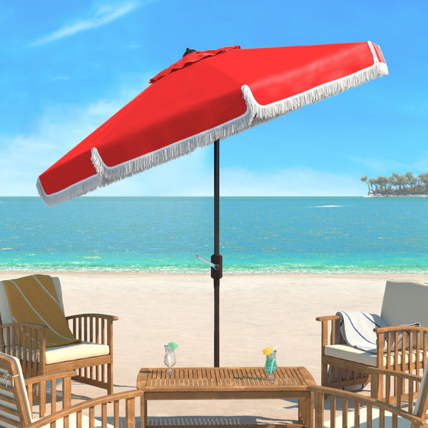 Safavieh MILAN 9FT Crank Umbrella – Stylish Outdoor Shade Solution for Elegant Patios and Lounging Spaces Red / White PAT8008E