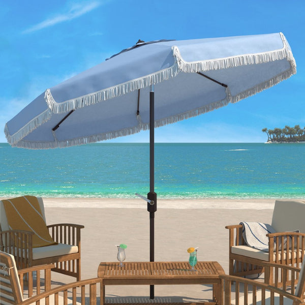 Safavieh MILAN 9FT Crank Umbrella – Stylish Outdoor Shade Solution for Elegant Patios and Lounging Spaces Baby Blue / White PAT8008U