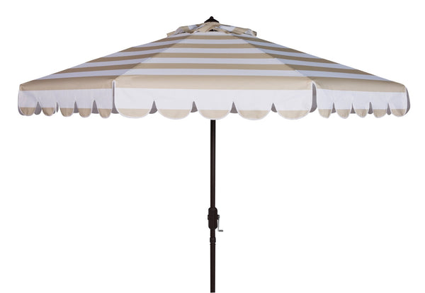 Safavieh VIENNA 9FT Crank Umbrella – Elegant Coastal Shade with Scalloped Edge for Stylish Outdoor Spaces Beige / White PAT8011A