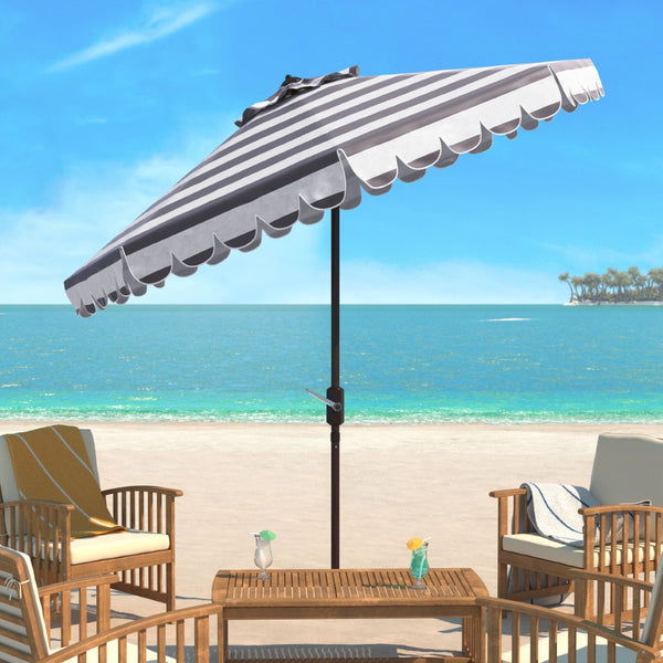 Safavieh VIENNA 9FT Crank Umbrella – Elegant Coastal Shade with Scalloped Edge for Stylish Outdoor Spaces Grey / White PAT8011B