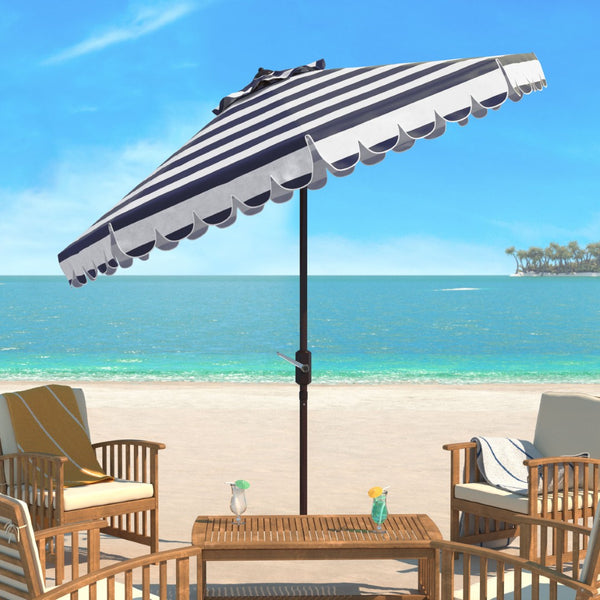 Safavieh VIENNA 9FT Crank Umbrella – Elegant Coastal Shade with Scalloped Edge for Stylish Outdoor Spaces Navy / White PAT8011C