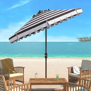 Safavieh VIENNA 9FT Crank Umbrella – Elegant Coastal Shade with Scalloped Edge for Stylish Outdoor Spaces Black / White PAT8011D