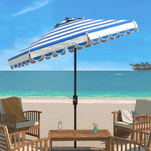 Safavieh VIENNA 9FT Crank Umbrella – Elegant Coastal Shade with Scalloped Edge for Stylish Outdoor Spaces Pacific Blue PAT8011P