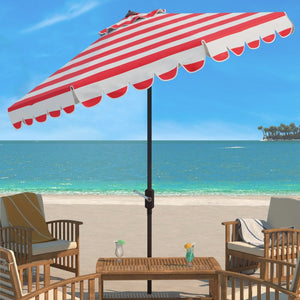 Safavieh VIENNA 9FT Crank Umbrella – Elegant Coastal Shade with Scalloped Edge for Stylish Outdoor Spaces Red / White PAT8011R