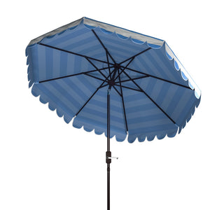 Safavieh VIENNA 9FT Crank Umbrella – Elegant Coastal Shade with Scalloped Edge for Stylish Outdoor Spaces Baby Blue / White PAT8011U