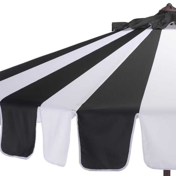 Meze 9 Ft Crank Umbrella With Elegant Striped Canopy And Durable Brown Metal Pole For Patio Shade And Style