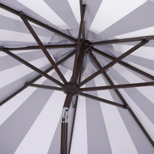Meze 9 Ft Crank Umbrella With Elegant Striped Canopy And Durable Brown Metal Pole For Patio Shade And Style