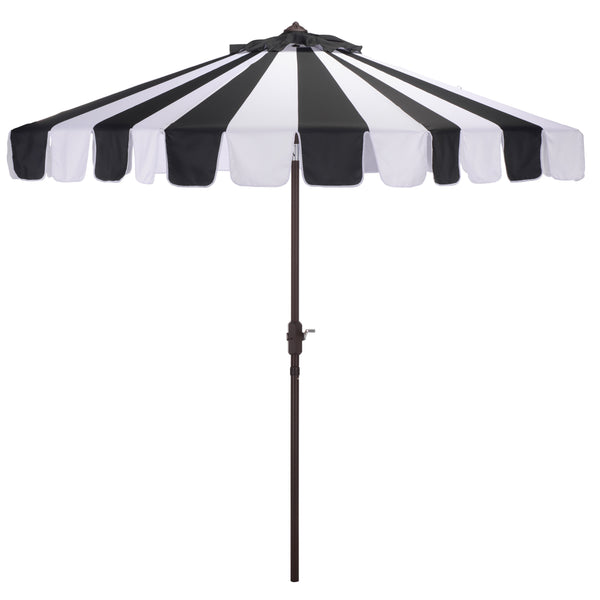 Meze 9 Ft Crank Umbrella With Elegant Striped Canopy And Durable Brown Metal Pole For Patio Shade And Style