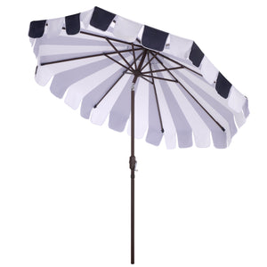 Meze 9 Ft Crank Umbrella With Elegant Striped Canopy And Durable Brown Metal Pole For Patio Shade And Style
