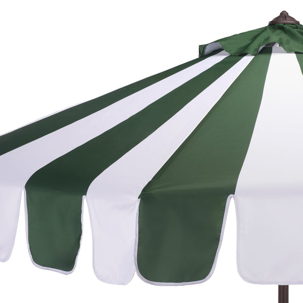 Meze 9 Ft Crank Umbrella With Elegant Striped Canopy And Durable Brown Metal Pole For Patio Shade And Style