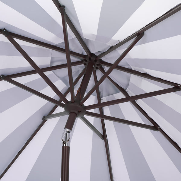 Meze 9 Ft Crank Umbrella With Elegant Striped Canopy And Durable Brown Metal Pole For Patio Shade And Style