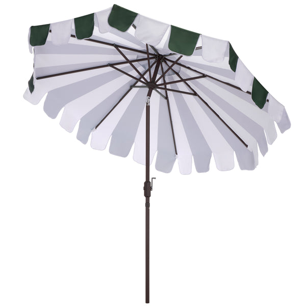 Meze 9 Ft Crank Umbrella With Elegant Striped Canopy And Durable Brown Metal Pole For Patio Shade And Style