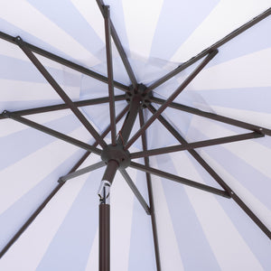 Meze 9 Ft Crank Umbrella With Elegant Striped Canopy And Durable Brown Metal Pole For Patio Shade And Style