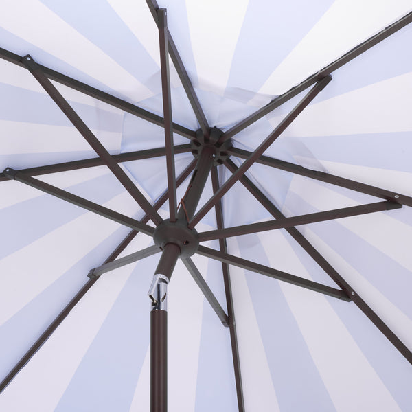 Meze 9 Ft Crank Umbrella With Elegant Striped Canopy And Durable Brown Metal Pole For Patio Shade And Style