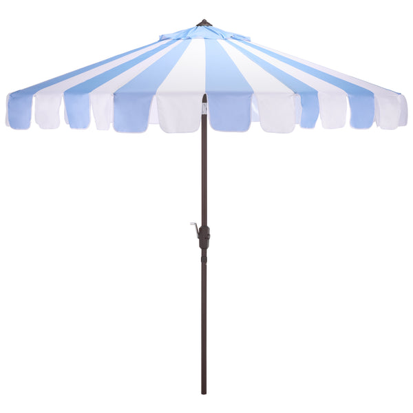 Meze 9 Ft Crank Umbrella With Elegant Striped Canopy And Durable Brown Metal Pole For Patio Shade And Style