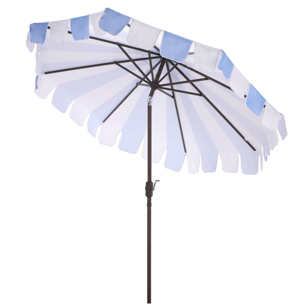 Meze 9 Ft Crank Umbrella With Elegant Striped Canopy And Durable Brown Metal Pole For Patio Shade And Style