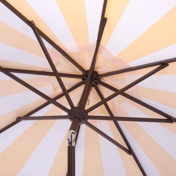 Meze 9 Ft Crank Umbrella With Elegant Striped Canopy And Durable Brown Metal Pole For Patio Shade And Style