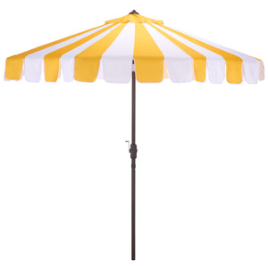 Meze 9 Ft Crank Umbrella With Elegant Striped Canopy And Durable Brown Metal Pole For Patio Shade And Style