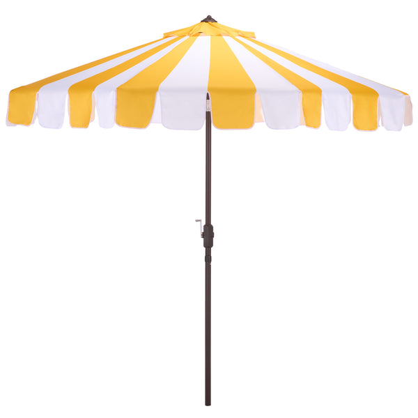 Meze 9 Ft Crank Umbrella With Elegant Striped Canopy And Durable Brown Metal Pole For Patio Shade And Style
