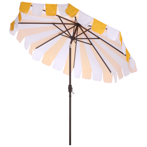 Meze 9 Ft Crank Umbrella With Elegant Striped Canopy And Durable Brown Metal Pole For Patio Shade And Style