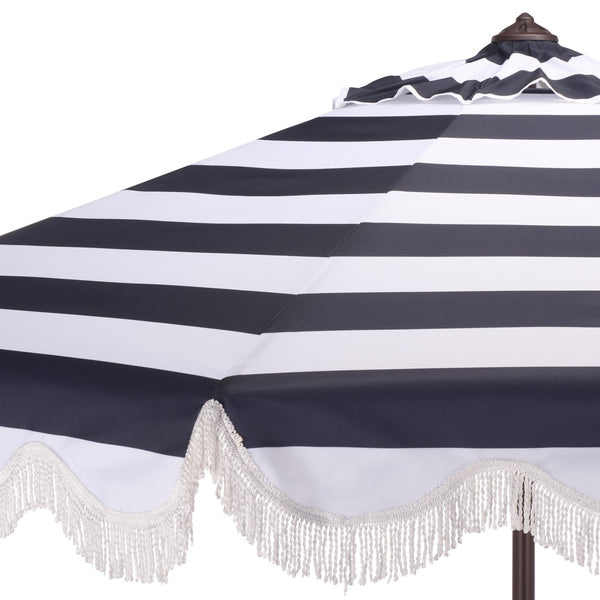 Lucerna 9 Ft Crank Patio Umbrella With Bold Stripe Canopy And Brown Metal Pole For Durable Shade