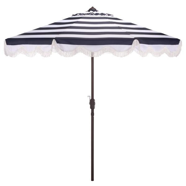 Lucerna 9 Ft Crank Patio Umbrella With Bold Stripe Canopy And Brown Metal Pole For Durable Shade