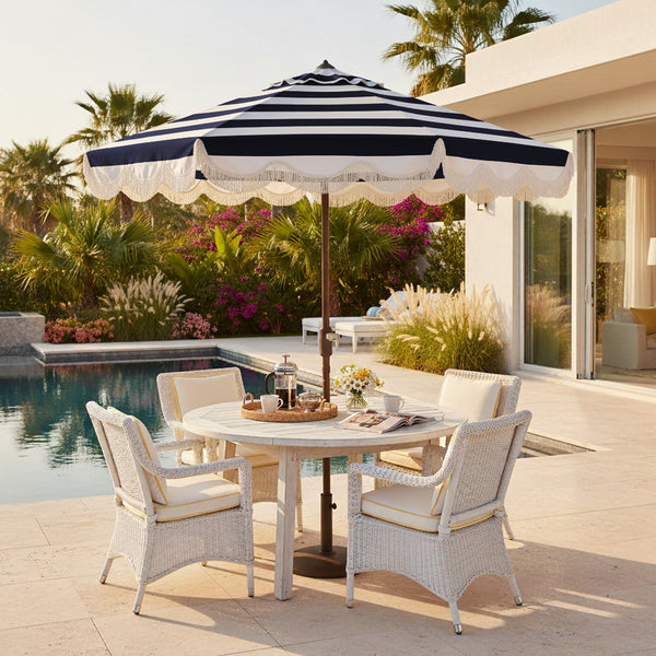 Lucerna 9 Ft Crank Patio Umbrella With Bold Stripe Canopy And Brown Metal Pole For Durable Shade