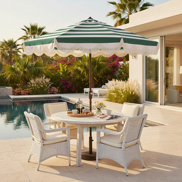 Lucerna 9 Ft Crank Patio Umbrella With Bold Stripe Canopy And Brown Metal Pole For Durable Shade