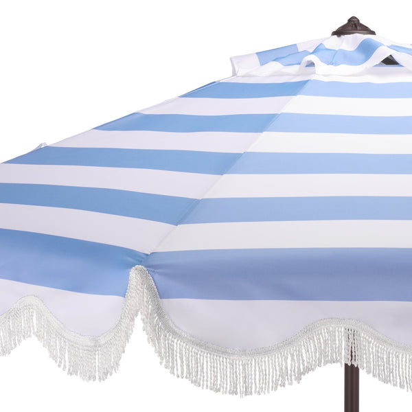 Lucerna 9 Ft Crank Patio Umbrella With Bold Stripe Canopy And Brown Metal Pole For Durable Shade