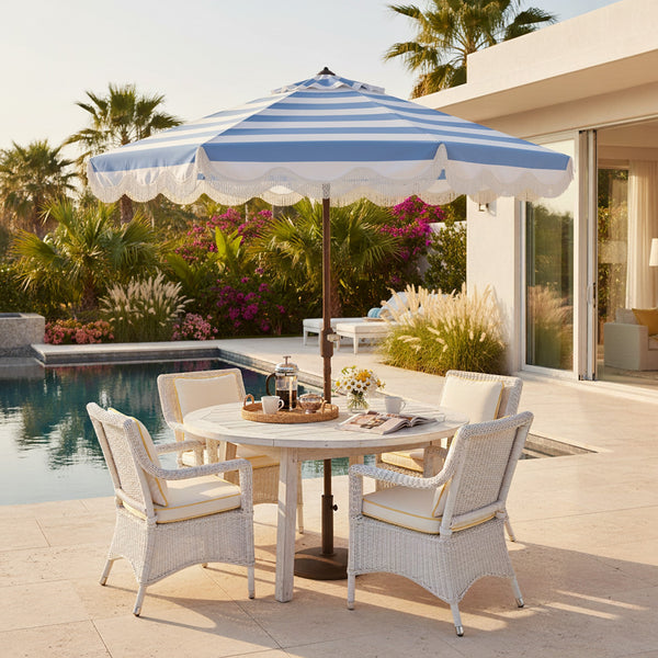 Lucerna 9 Ft Crank Patio Umbrella With Bold Stripe Canopy And Brown Metal Pole For Durable Shade