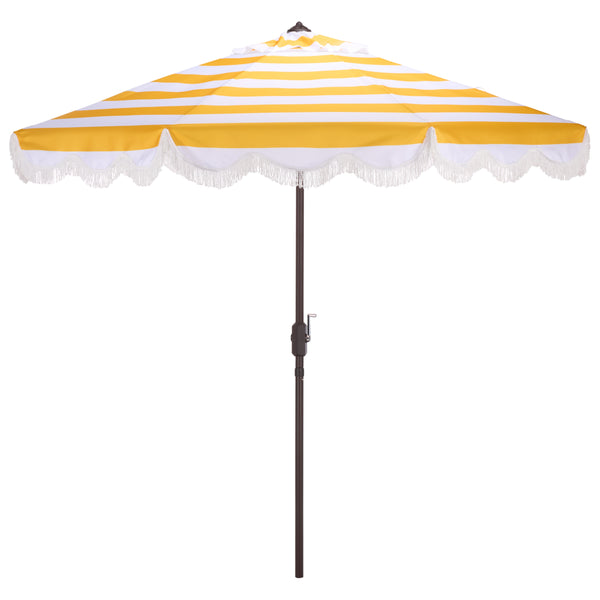 Lucerna 9 Ft Crank Patio Umbrella With Bold Stripe Canopy And Brown Metal Pole For Durable Shade