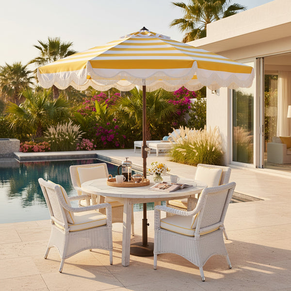 Lucerna 9 Ft Crank Patio Umbrella With Bold Stripe Canopy And Brown Metal Pole For Durable Shade